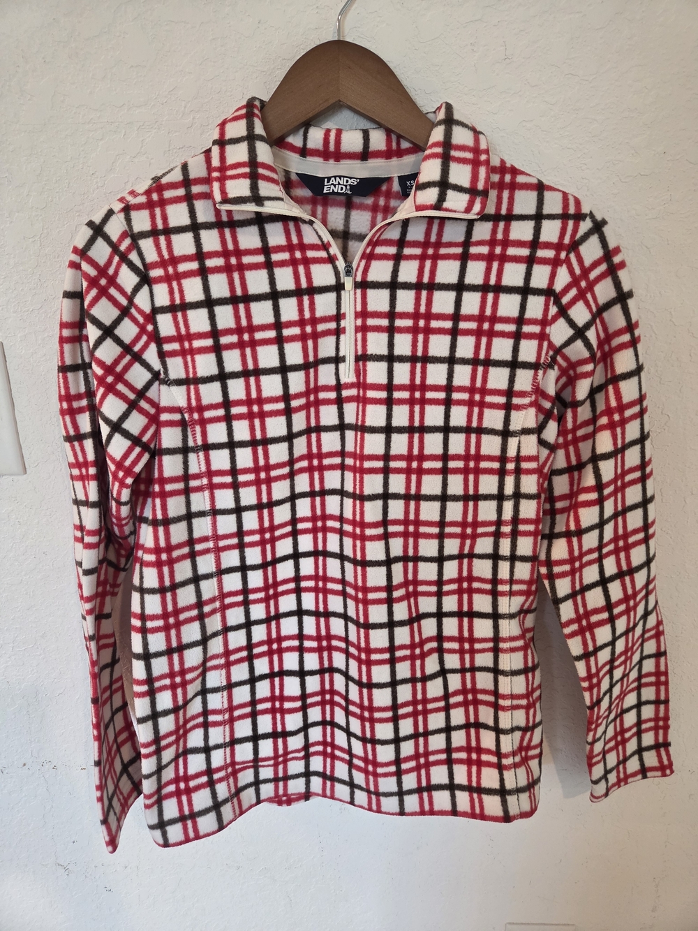 Lands' End Fleece Quarter Zip Pullover XS Red Black Plaid Checked Fleece Jacket